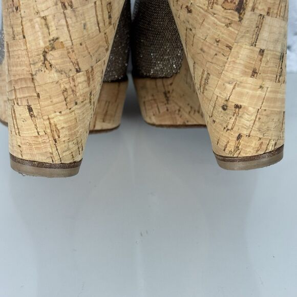 Stuart Weitzman Anna Wedge Women 6 Silver Glitter Cork Platform Peep Toe Pumps - Picture 10 of 15